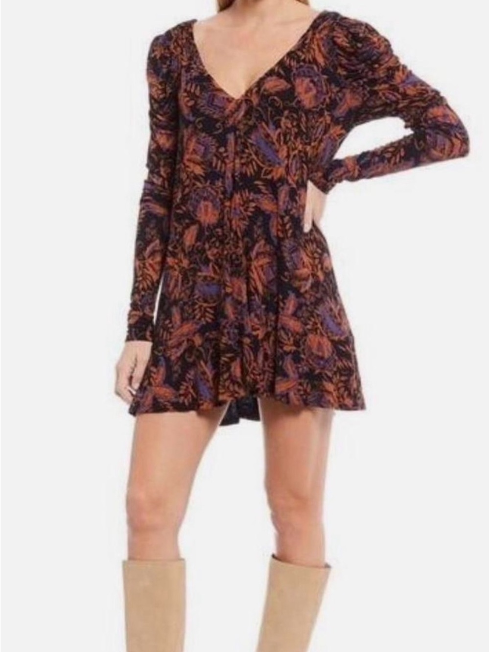 Free People Hello Lover Black Tunic Dress with Orange and Purple Floral Motif